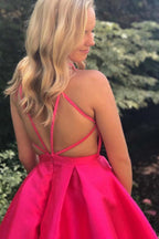 Vestido de fiesta de satén fucsia, corte en A, escote en V profundo, tirantes por encima de la rodilla PD070