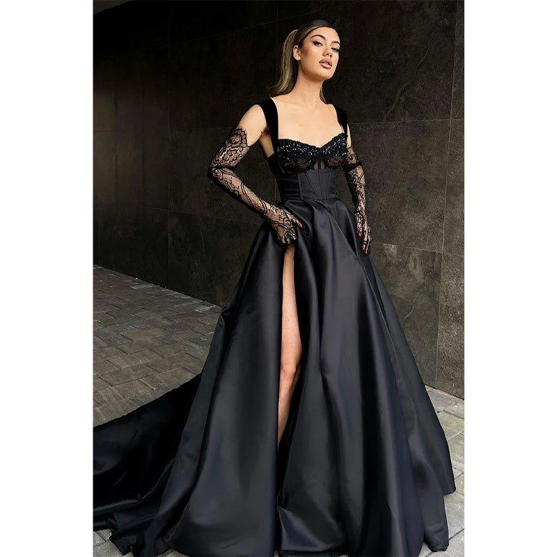 Vestido largo de fiesta negro de corte A con doble tirante y abertura lateral