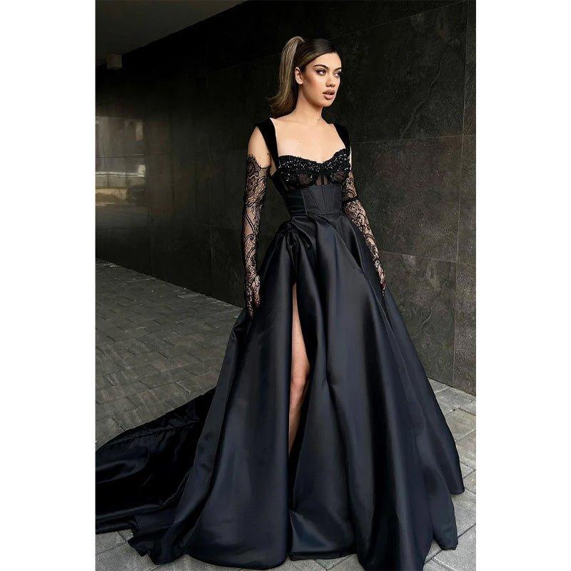 Vestido largo de fiesta negro de corte A con doble tirante y abertura lateral