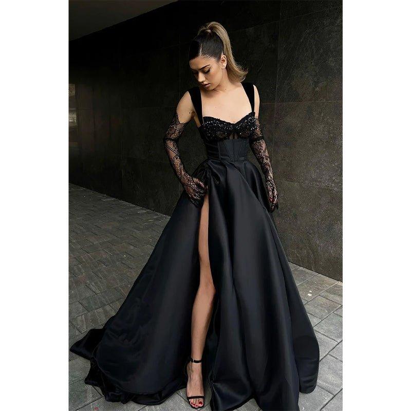 Vestido largo de fiesta negro de corte A con doble tirante y abertura lateral