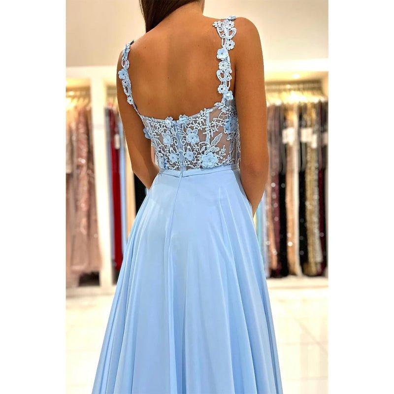 Vestido largo de fiesta formal de encaje con tirantes dobles y corte en A 