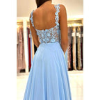 Vestido largo de fiesta formal de encaje con tirantes dobles y corte en A 
