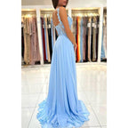 Vestido largo de fiesta formal de encaje con tirantes dobles y corte en A 