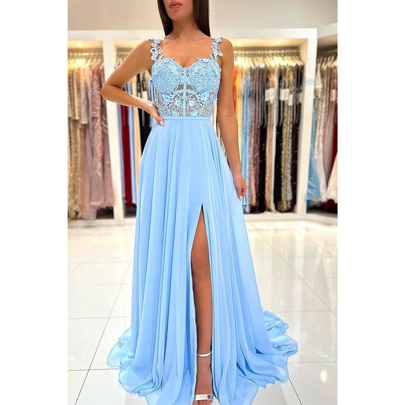 Vestido largo de fiesta formal de encaje con tirantes dobles y corte en A 