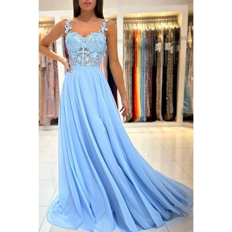 Vestido largo de fiesta formal de encaje con tirantes dobles y corte en A 