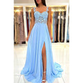 Vestido largo de fiesta formal de encaje con tirantes dobles y corte en A 