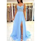 Vestido largo de fiesta formal de encaje con tirantes dobles y corte en A 