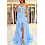 Vestido largo de fiesta formal de encaje con tirantes dobles y corte en A 
