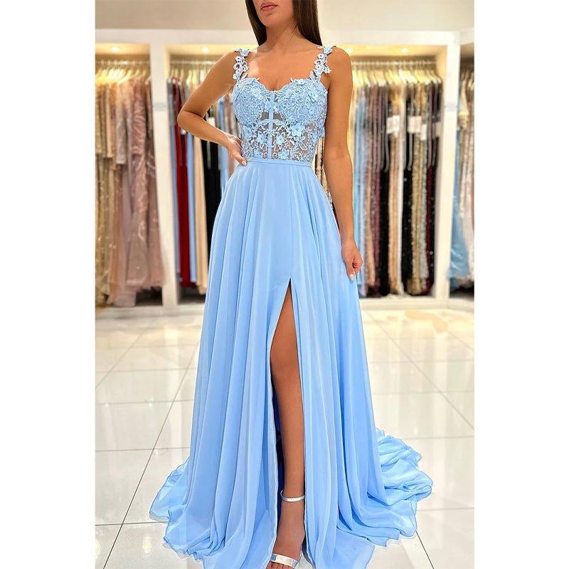 Vestido largo de fiesta formal de encaje con tirantes dobles y corte en A 