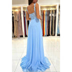 Vestido largo de fiesta formal de encaje con tirantes dobles y corte en A 