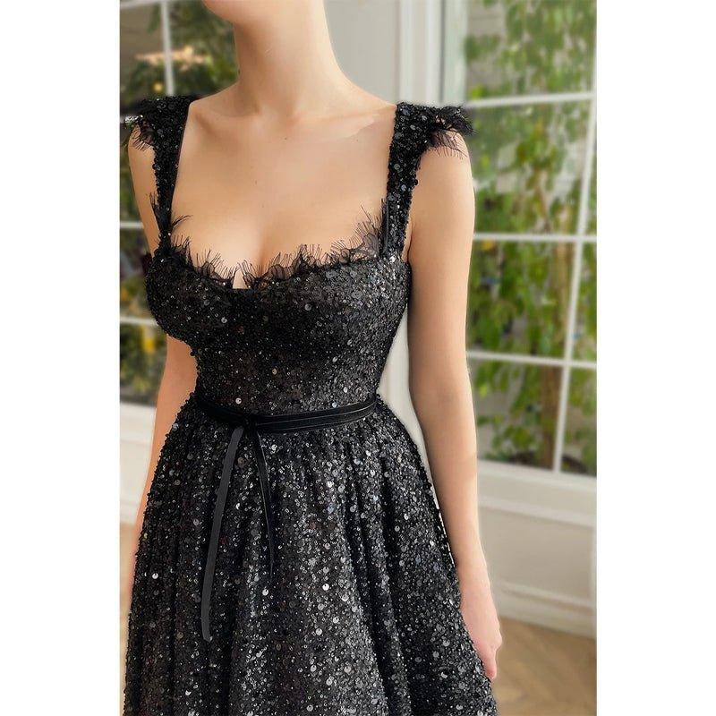 A-line Double Straps Sequins Black Vintage Prom Dress with Pockets