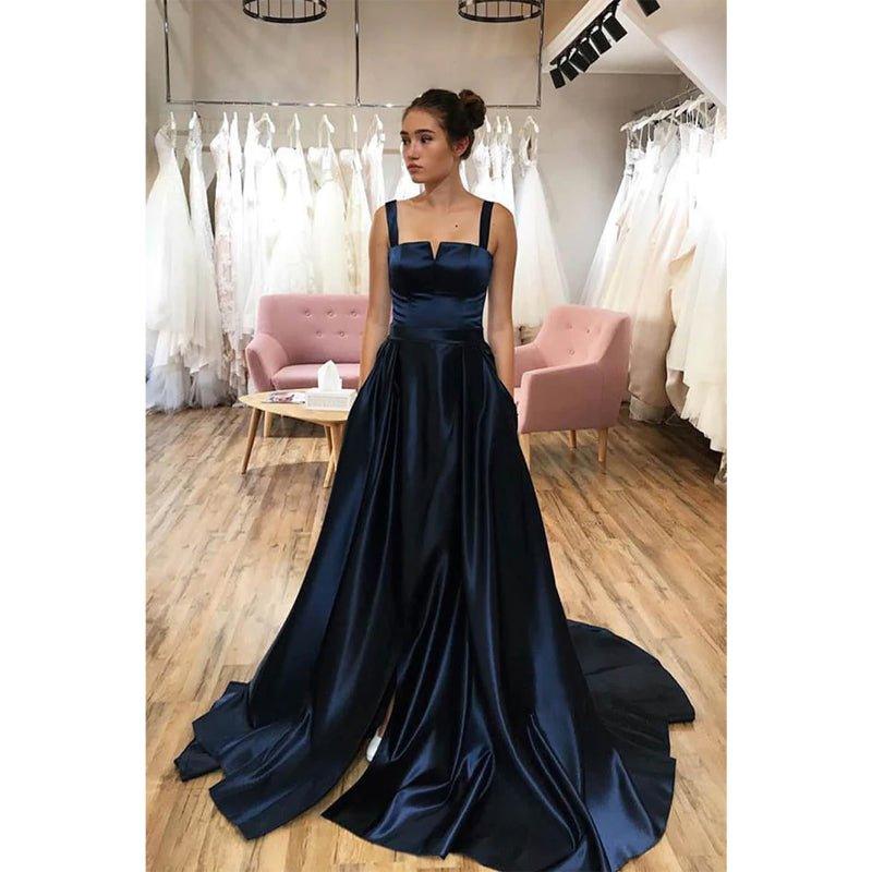 Vestido largo de fiesta corte A con tirantes dobles, abertura y bolsillos 