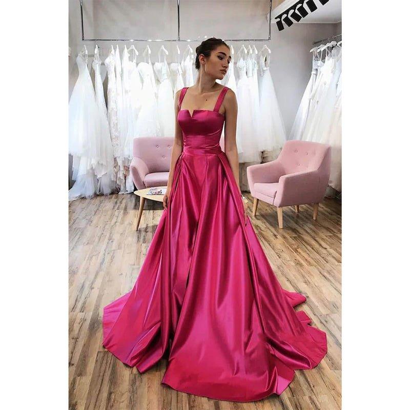 Vestido largo de fiesta corte A con tirantes dobles, abertura y bolsillos 