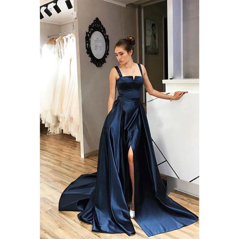 Vestido largo de fiesta corte A con tirantes dobles, abertura y bolsillos 