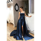 Vestido largo de fiesta corte A con tirantes dobles, abertura y bolsillos 