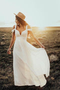 Vestido de novia de playa elegante de gasa color marfil, corte en A, modelo WD414