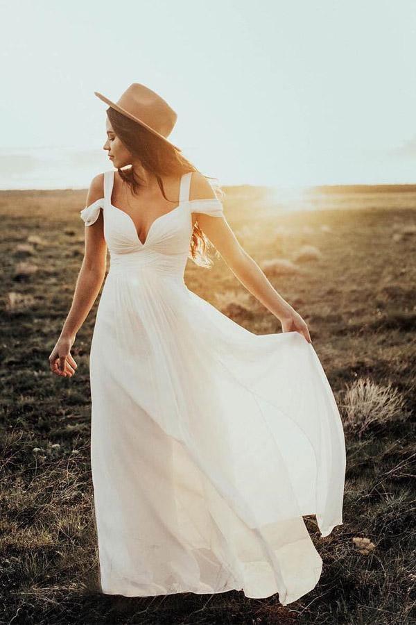 Vestido de novia de playa elegante de gasa color marfil, corte en A, modelo WD414