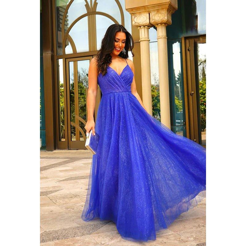 Vestido de fiesta formal de corte A, elegante y lujoso, con escote en V, tirantes cruzados y espalda descubierta.