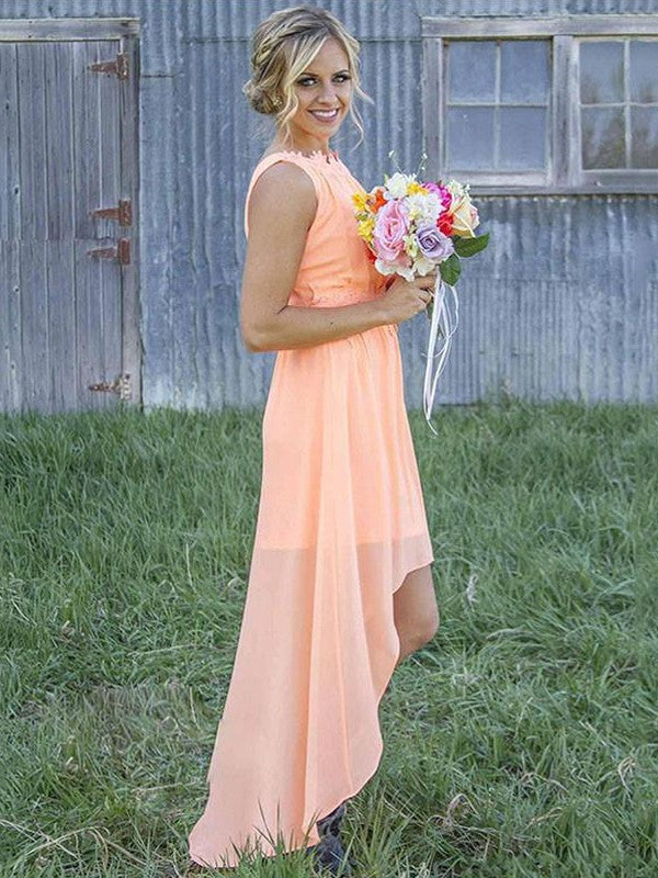 Vestidos de dama de honor de gasa asimétricos, elegantes, sin mangas y con escote redondo, corte en A
