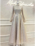Baoleely A-Line Evening Gown Elegant Dress Formal Ankle Length Long Sleeve High Neck Sequined with Glitter Pleats
