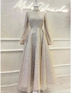 Baoleely A-Line Evening Gown Elegant Dress Formal Ankle Length Long Sleeve High Neck Sequined with Glitter Pleats