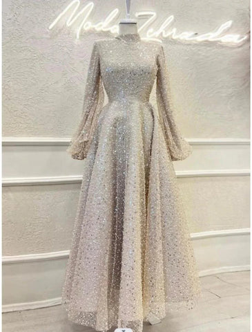 Baoleely A-Line Evening Gown Elegant Dress Formal Ankle Length Long Sleeve High Neck Sequined with Glitter Pleats