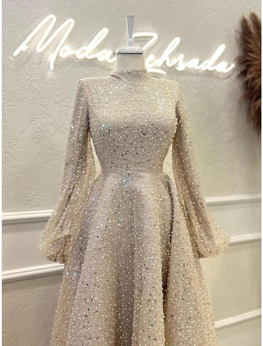 Baoleely A-Line Evening Gown Elegant Dress Formal Ankle Length Long Sleeve High Neck Sequined with Glitter Pleats
