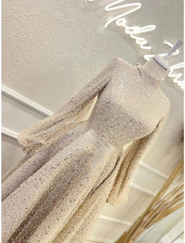 Baoleely A-Line Evening Gown Elegant Dress Formal Ankle Length Long Sleeve High Neck Sequined with Glitter Pleats