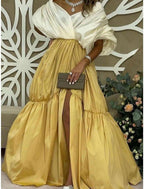 Vestido de noche corte A, elegante, formal, con cola de barrido, estilo navideño, rojo y verde, manga corta, hombros descubiertos, satén con pliegues y abertura.