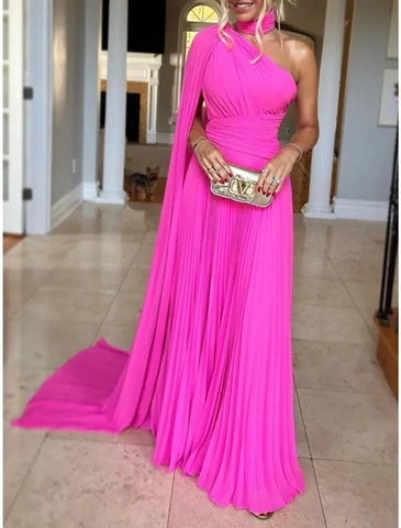 Vestido de noche corte A, elegante, formal, con cola de barrido, sin mangas, un solo hombro, de gasa con pliegues y fruncido.