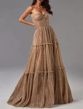 Sunnderly A-Line Evening Gown Glittering Dress Formal Wedding Guest Floor Length Sleeveless Strapless Tulle with Pleats