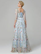 Sunnderly A-Line Evening Gown Party Dress Floral Dress Holiday Wedding Guest Floor Length 3/4 Length Sleeve Illusion Neck Lace with Embroidery
