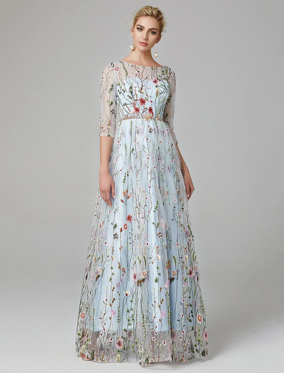 Sunnderly A-Line Evening Gown Party Dress Floral Dress Holiday Wedding Guest Floor Length 3/4 Length Sleeve Illusion Neck Lace with Embroidery