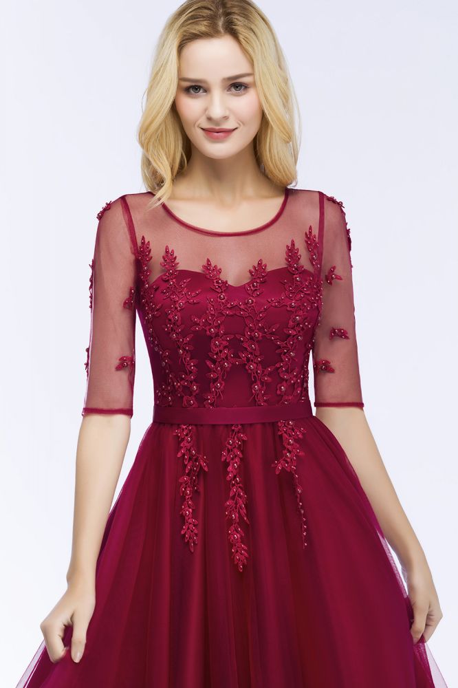 Robe de demoiselle d'honneur longue en tulle à appliques, coupe trapèze, manches courtes