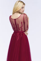 Robe de demoiselle d'honneur longue en tulle à appliques, coupe trapèze, manches courtes