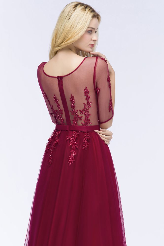 Robe de demoiselle d'honneur longue en tulle à appliques, coupe trapèze, manches courtes