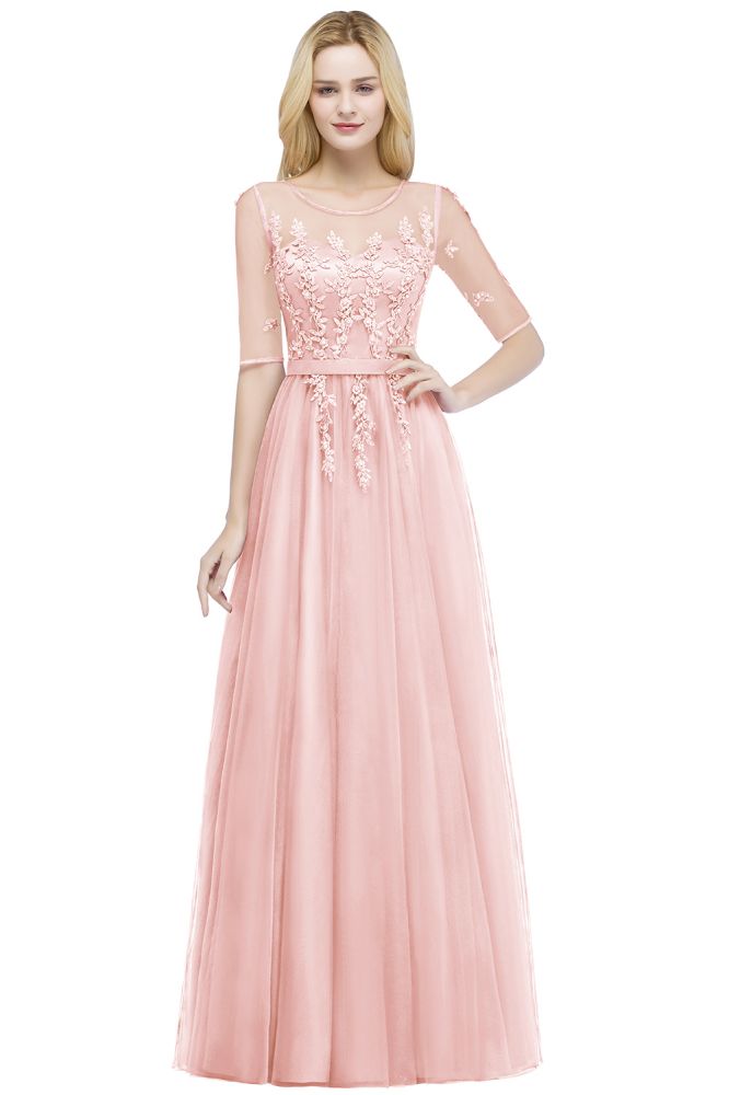 Robe de demoiselle d'honneur longue en tulle à appliques, coupe trapèze, manches courtes