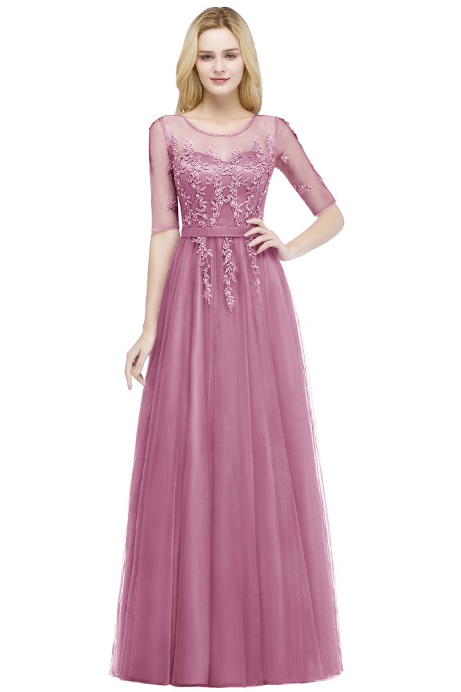 Robe de demoiselle d'honneur longue en tulle à appliques, coupe trapèze, manches courtes