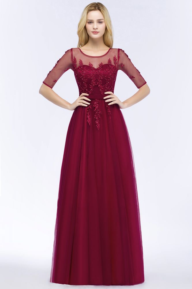 Robe de demoiselle d'honneur longue en tulle à appliques, coupe trapèze, manches courtes