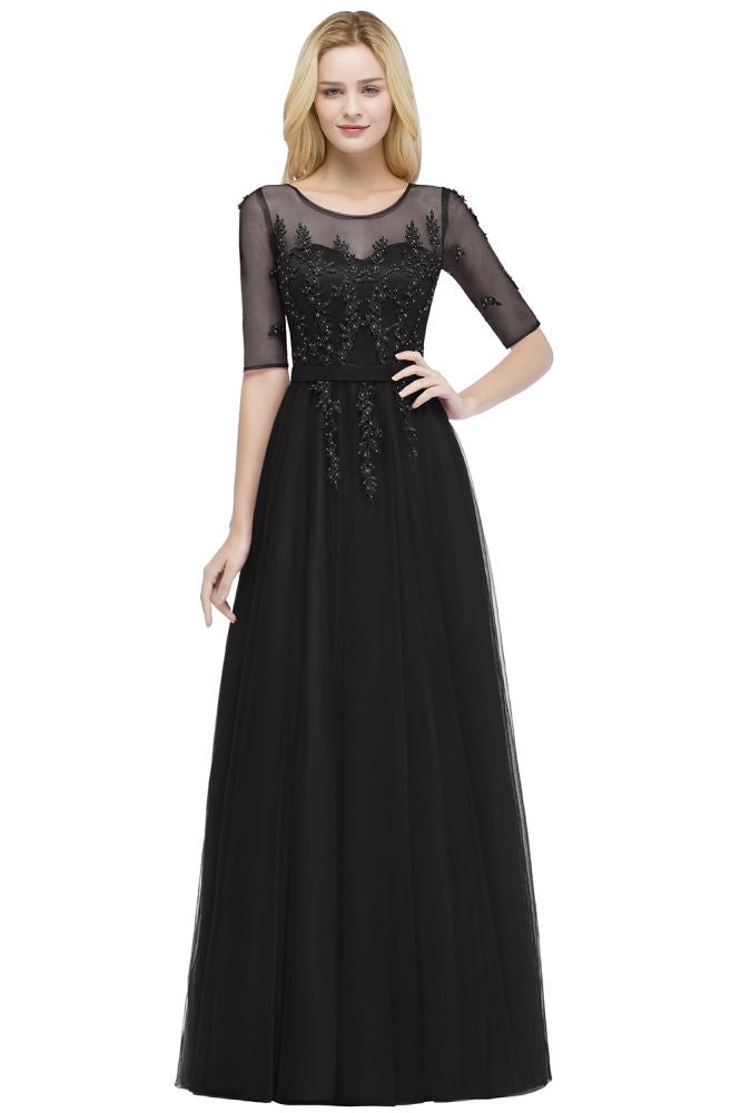 Robe de demoiselle d'honneur longue en tulle à appliques, coupe trapèze, manches courtes