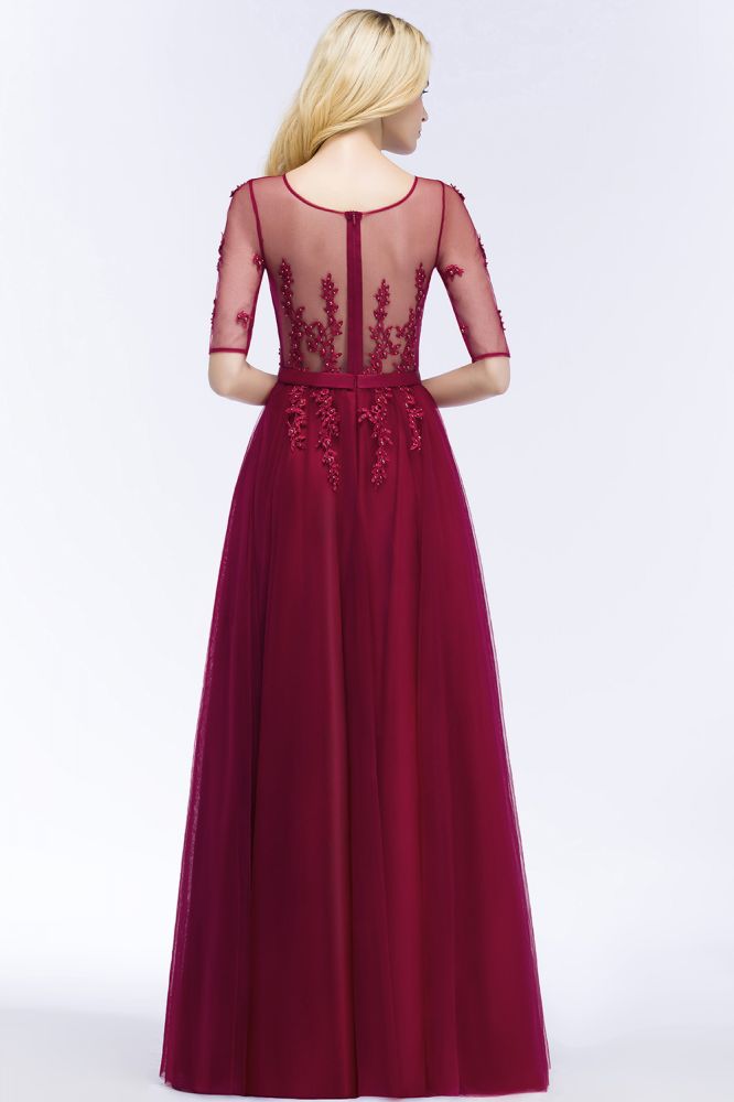 Robe de demoiselle d'honneur longue en tulle à appliques, coupe trapèze, manches courtes