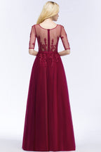 Robe de demoiselle d'honneur longue en tulle à appliques, coupe trapèze, manches courtes
