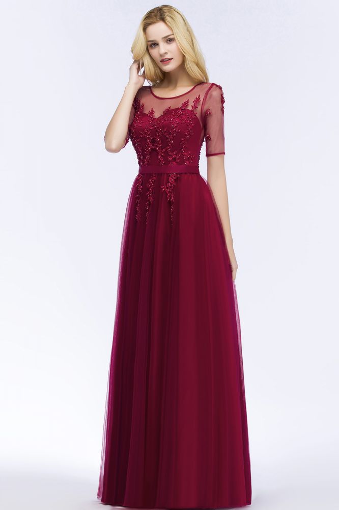 Robe de demoiselle d'honneur longue en tulle à appliques, coupe trapèze, manches courtes