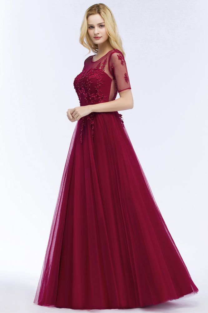 Robe de demoiselle d'honneur longue en tulle à appliques, coupe trapèze, manches courtes
