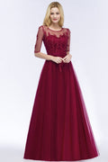 Robe de demoiselle d'honneur longue en tulle à appliques, coupe trapèze, manches courtes