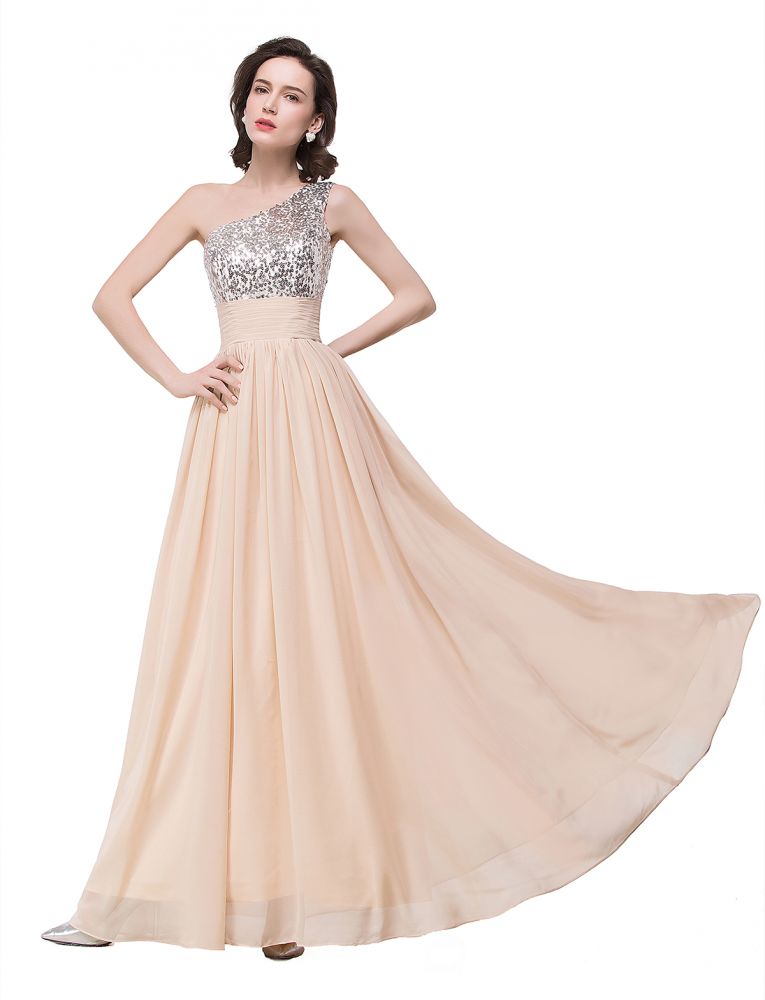 Vestido de noche de gasa de corte A hasta el suelo con lentejuelas