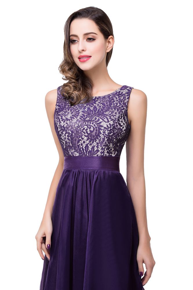 Vestido de noche de gasa y encaje de corte en A hasta el suelo