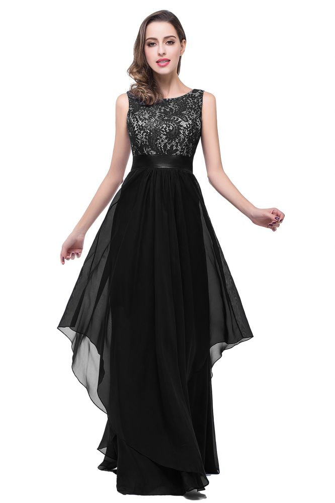 Vestido de noche de gasa y encaje de corte en A hasta el suelo