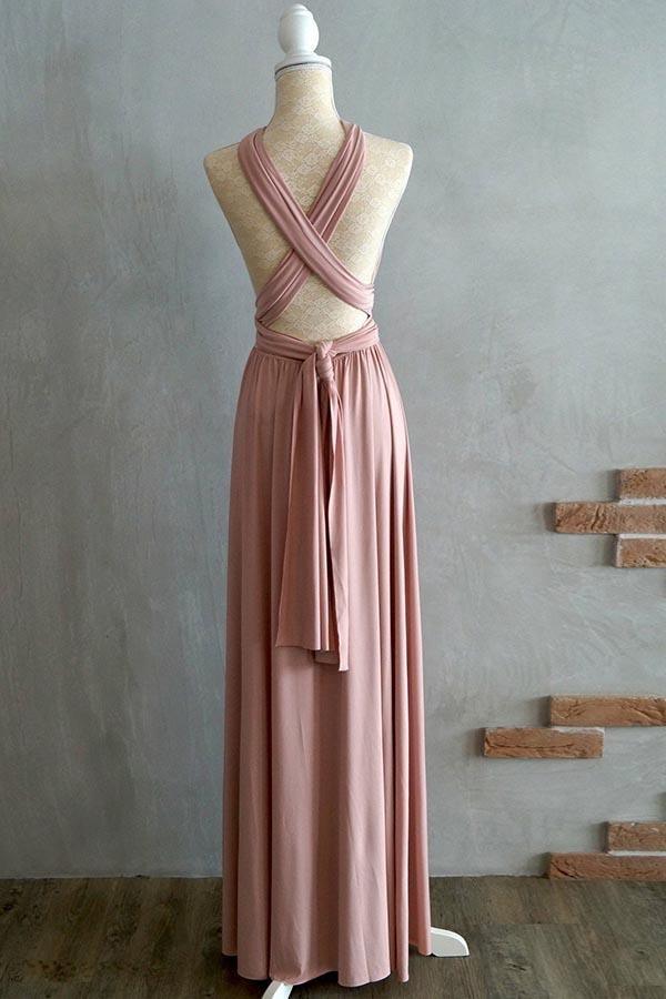 Vestido de dama de honor corte A, largo hasta el suelo, con tirantes cruzados, color rosa pálido, de spandex, BD043 