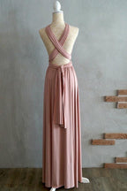 Vestido de dama de honor corte A, largo hasta el suelo, con tirantes cruzados, color rosa pálido, de spandex, BD043 